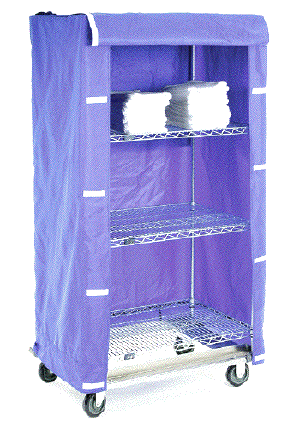 Cloth shelf cart covers in blue, red, or white.
